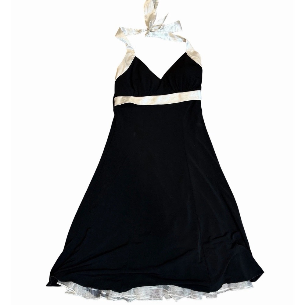 Ruby Rox Y2K Halter Dress Black Ivory Fit & Flare Mesh Ruffle Underlay Sz Small